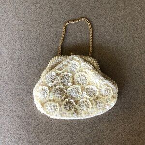 Chic Vintage Ivory Beaded Clutch with Gold Chain